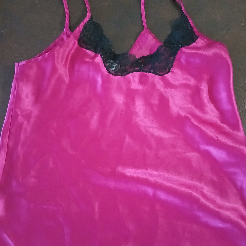 Pink Satin Camisole with Black Lace Trim